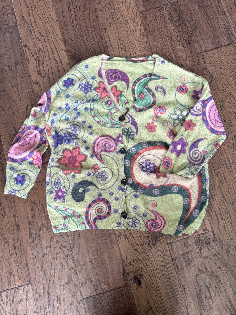Wool/Cotton Blend Paisley Floral Swirl V-Neck Button Cardigan Sweater